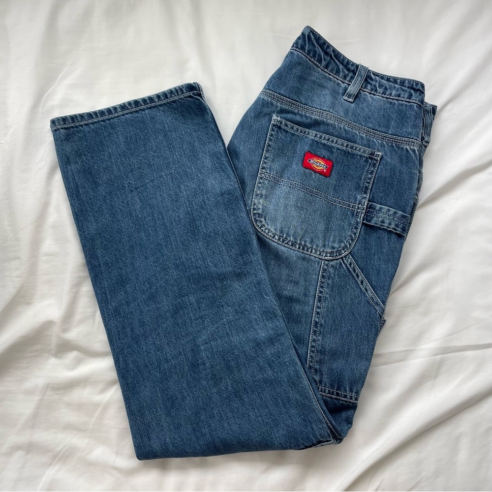 Dickies Women's Wide Leg Flare Denim Jeans - Blue with Red Logo Patch